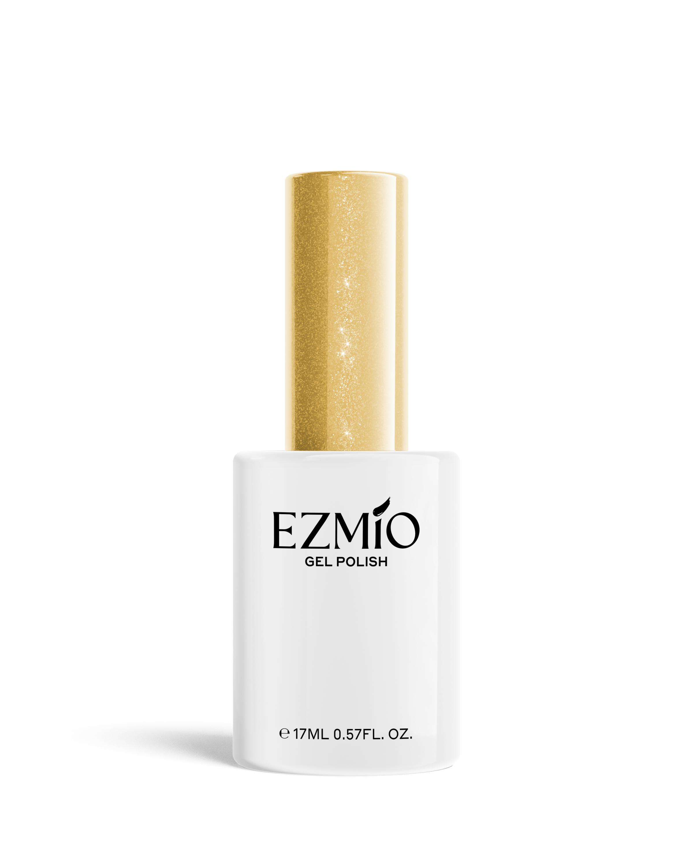 EZMio Gel Polish bottle, 17ml/0.57fl.oz., with a white square body and a tall cylindrical gold glitter cap on a white background.