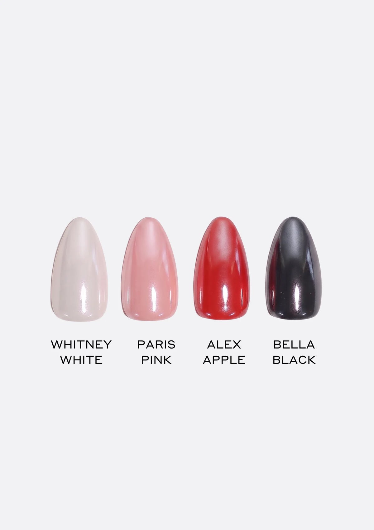 Four almond-shaped nail swatches on gray background: creamy Whitney White, soft Paris Pink, bold Alex Apple red, and dark charcoal Bella Black.