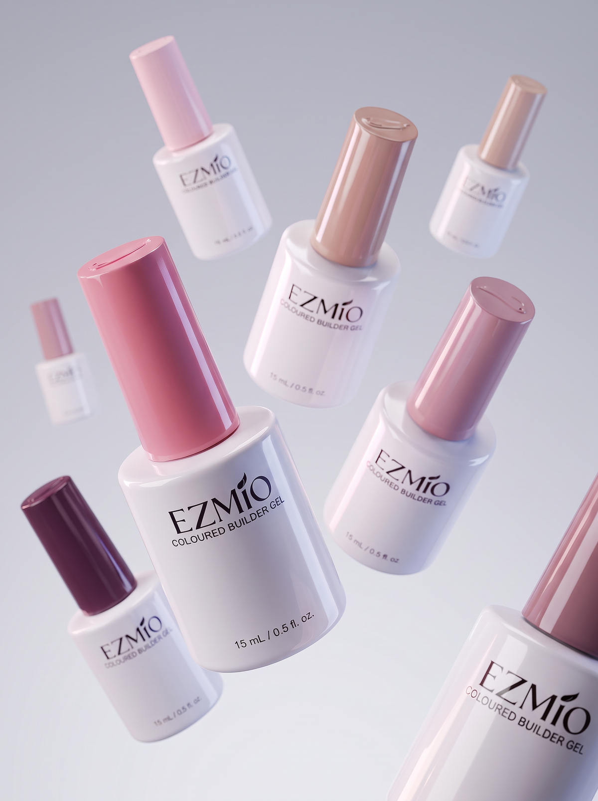 Nine white cylindrical EZMiO Coloured Builder Gel bottles (15 mL) with caps in shades of pink, mauve, nude, and deep plum, arranged dynamically on a light gray background.