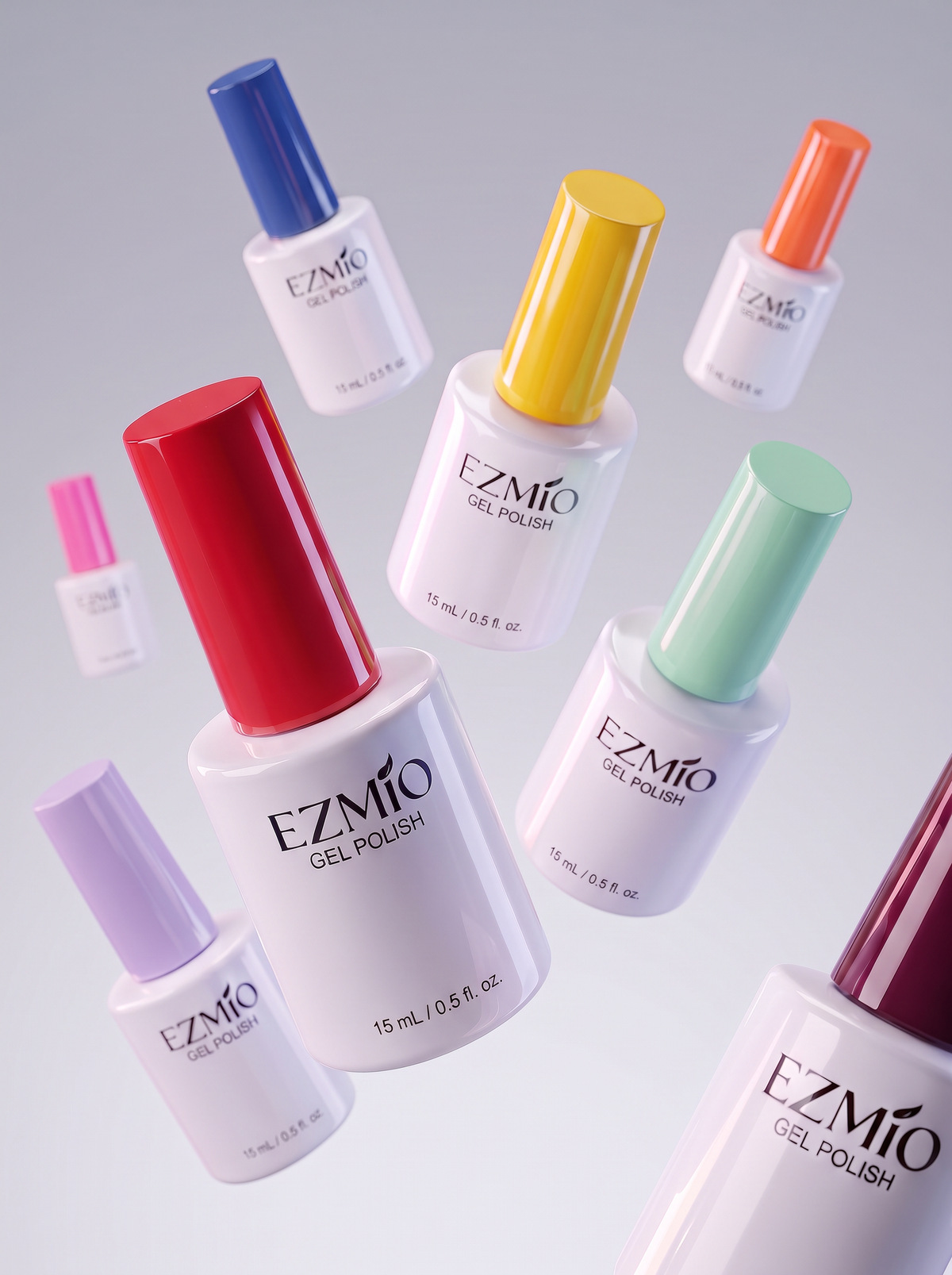 Eight EZMio Gel Polish bottles (15 mL) with white bodies and colorful caps: red, blue, yellow, orange, mint green, lavender, pink, and dark burgundy, arranged on a light gray surface.
